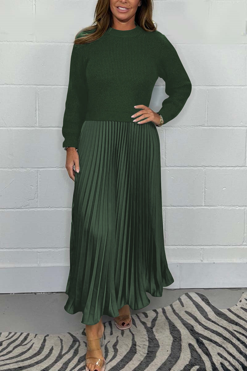 Women's solid color Long Sleeve Jumper & Pleated Bottom Dress Green