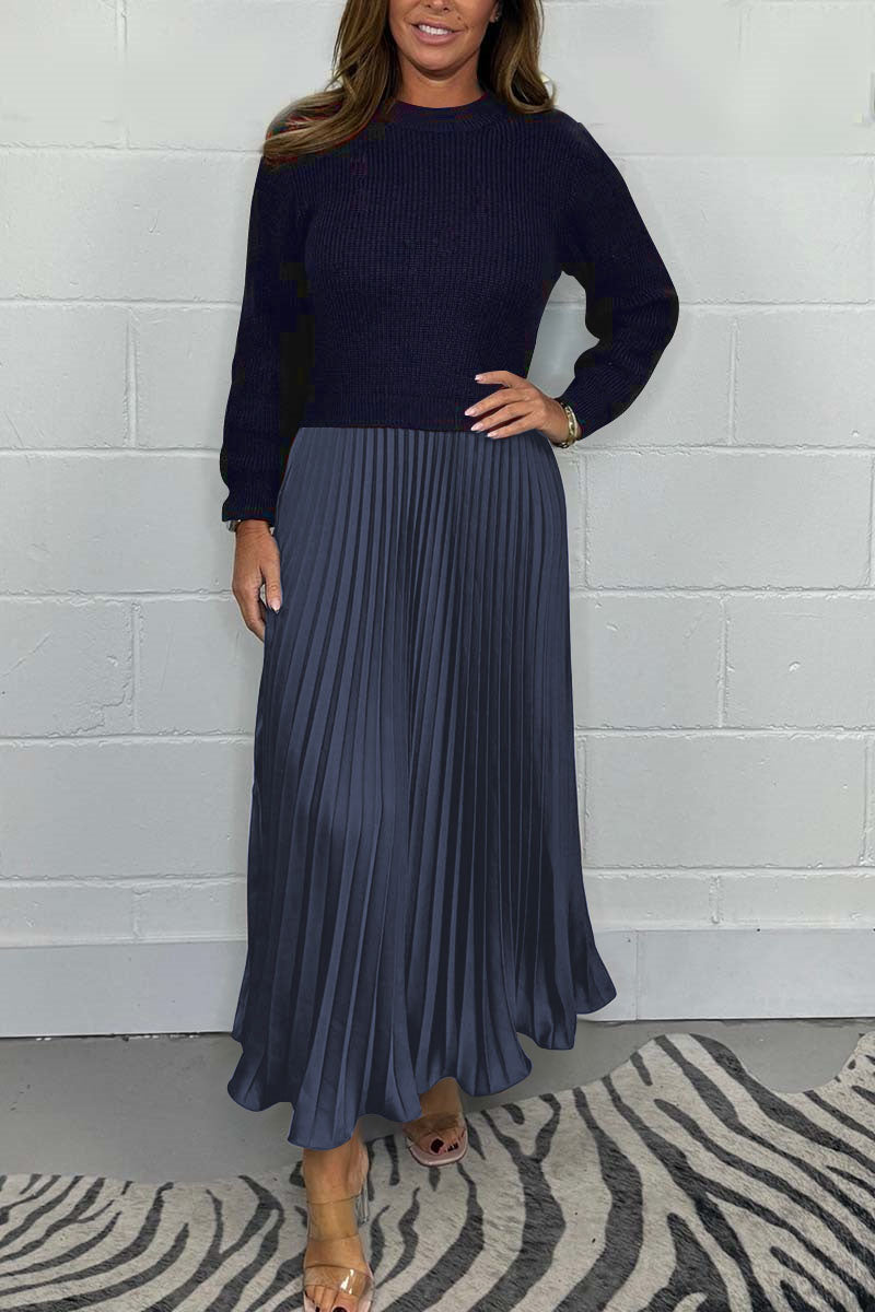 Women's solid color Long Sleeve Jumper & Pleated Bottom Dress Blue