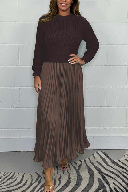 Women's solid color Long Sleeve Jumper & Pleated Bottom Dress Brown