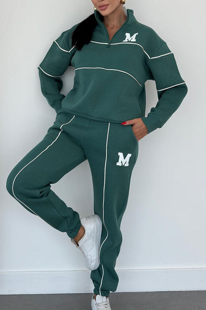 Women's Casual Letter M Long Sleeve Two Piece Set green