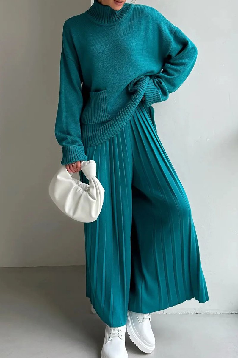 Women's Turtleneck Long Sleeve Sweatshirt Two Piece Set blue