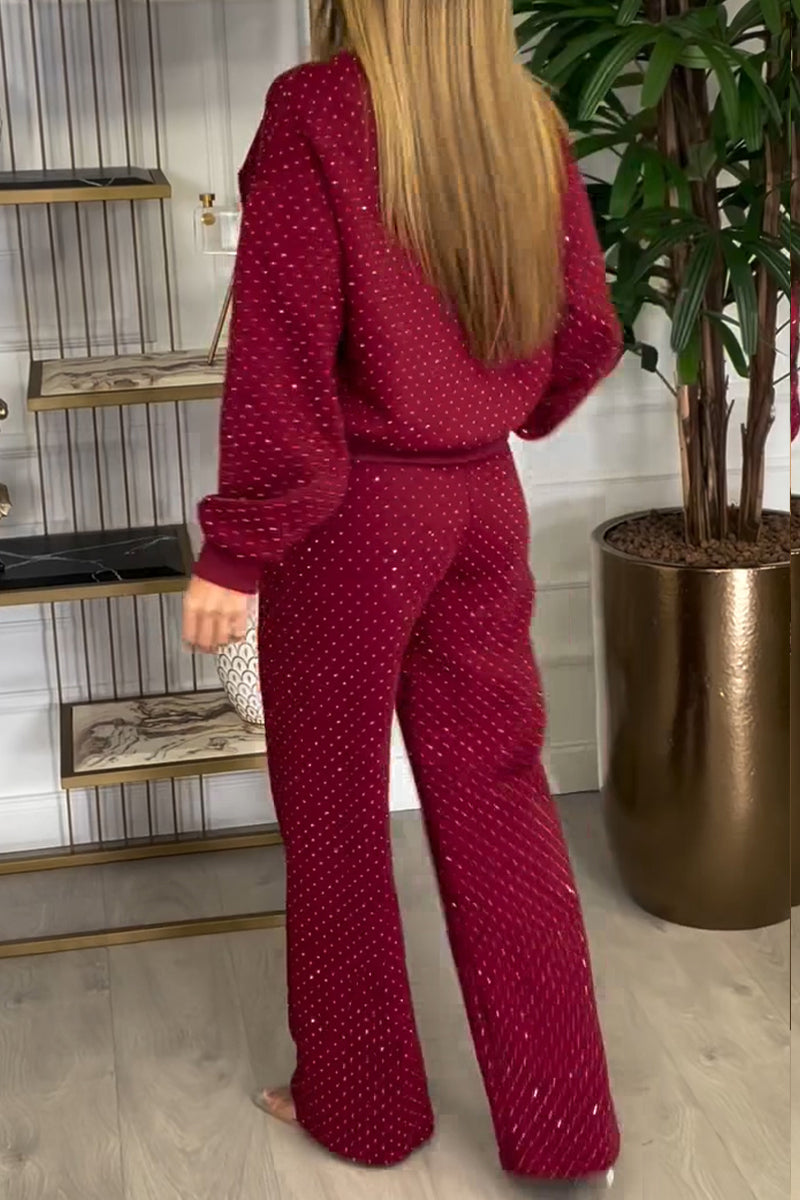 Women's Sequined Round Neck Long Sleeve Sweatshirt Two Piece Suit