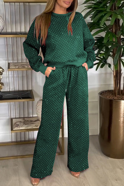 Women's Sequined Round Neck Long Sleeve Sweatshirt Two Piece Suit green