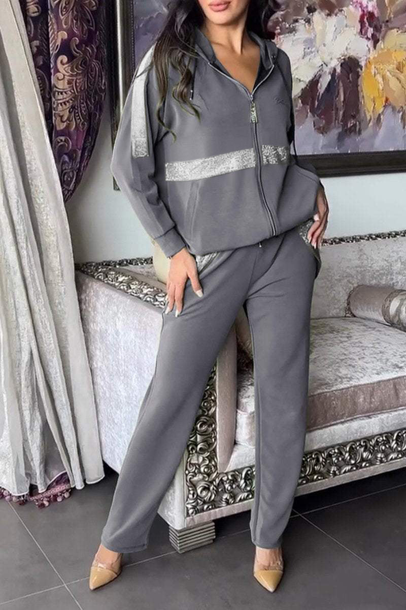 Women's Long-sleeved Hooded Zipper Top Two-piece Set grey