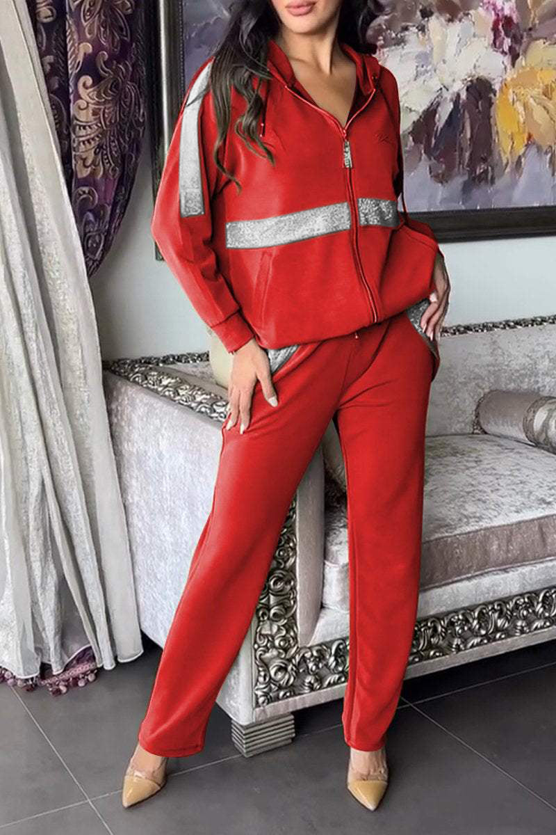 Women's Long-sleeved Hooded Zipper Top Two-piece Set red