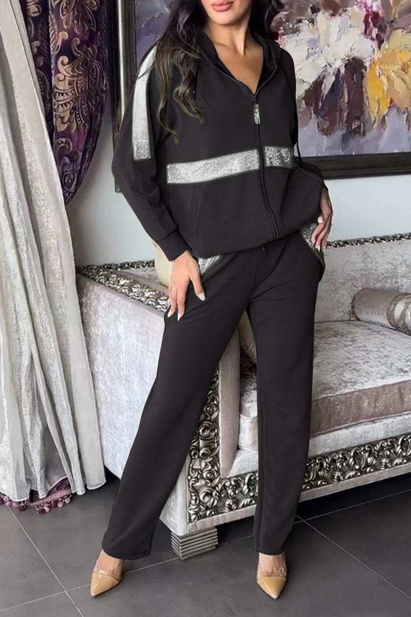 Women's Long-sleeved Hooded Zipper Top Two-piece Set black