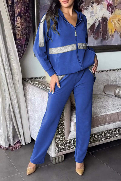 Women's Long-sleeved Hooded Zipper Top Two-piece Set blue