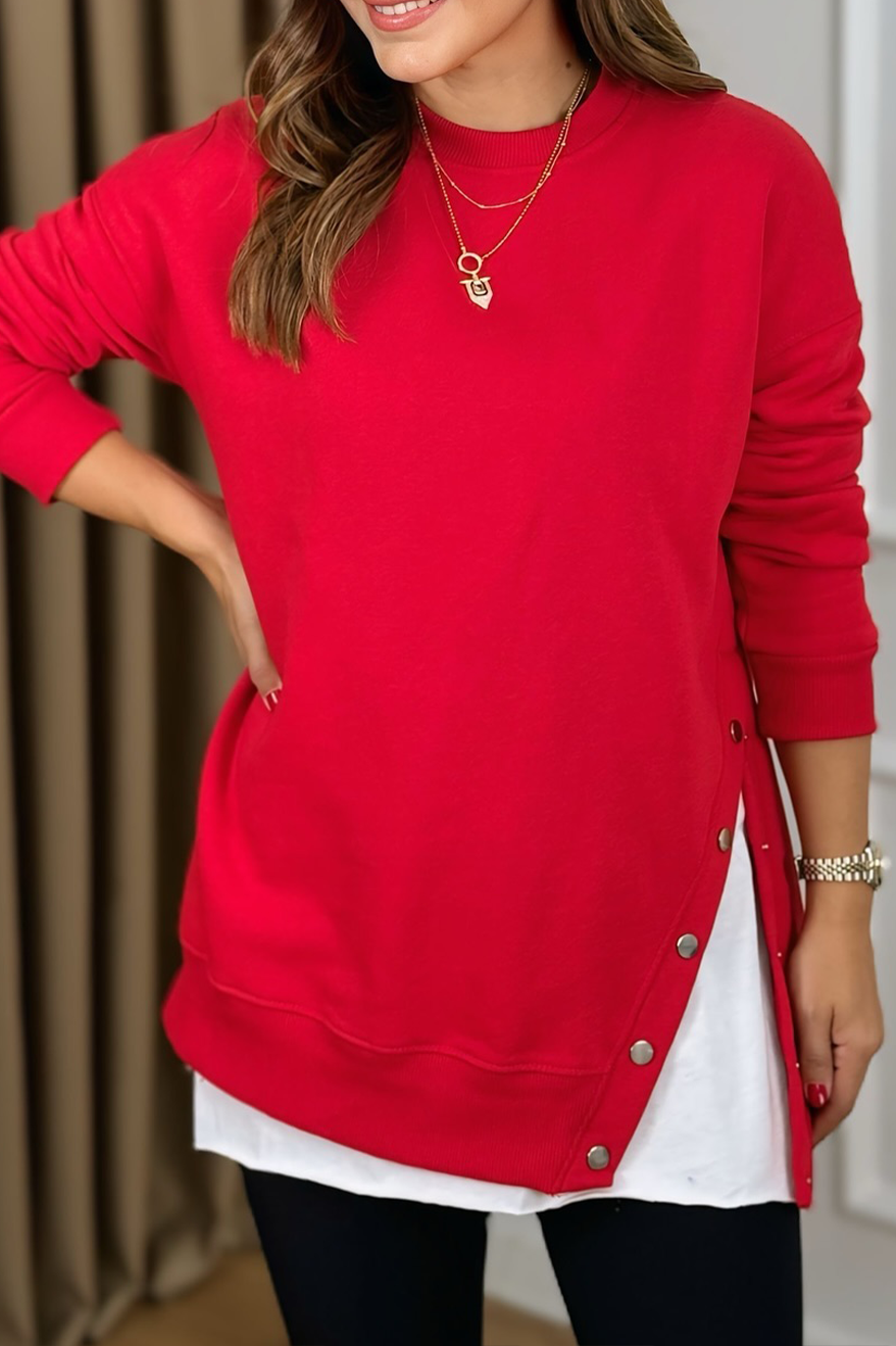 Women's casual round neck sweater with irregular hem red