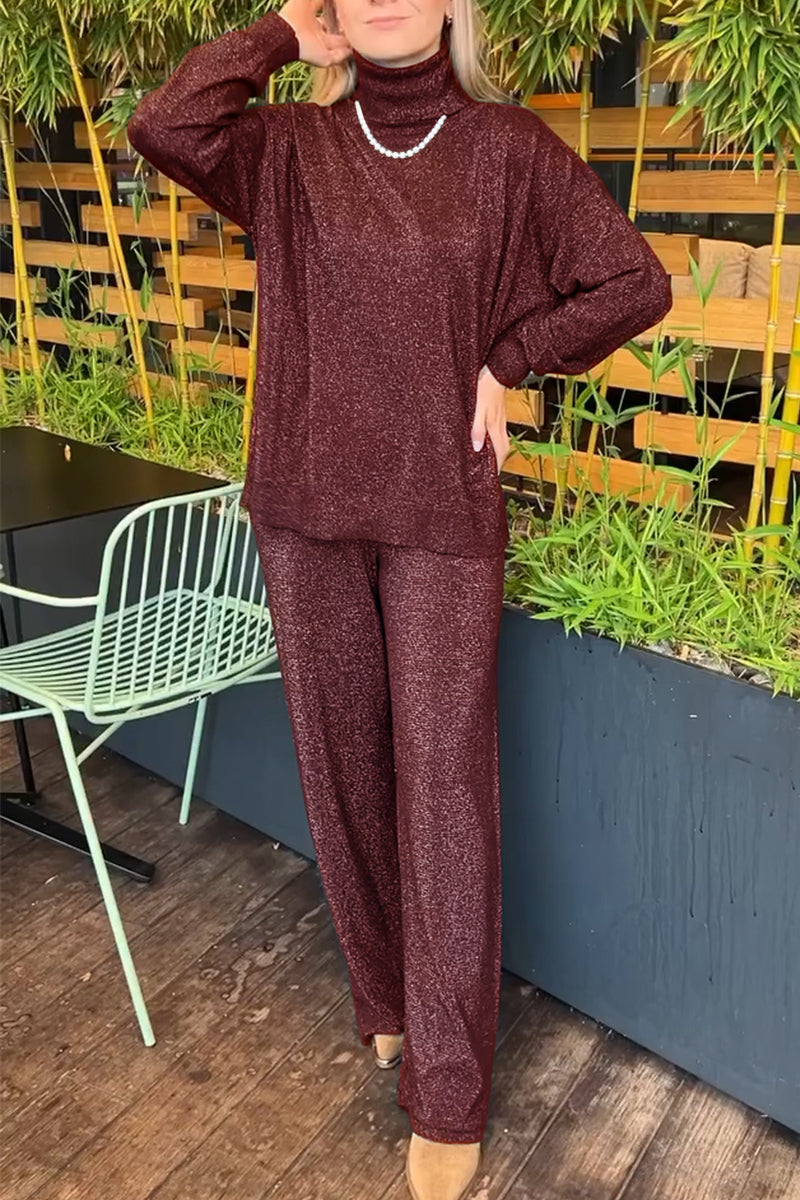 Women's Casual Solid Color Long Sleeve Two-Piece Set burgundy