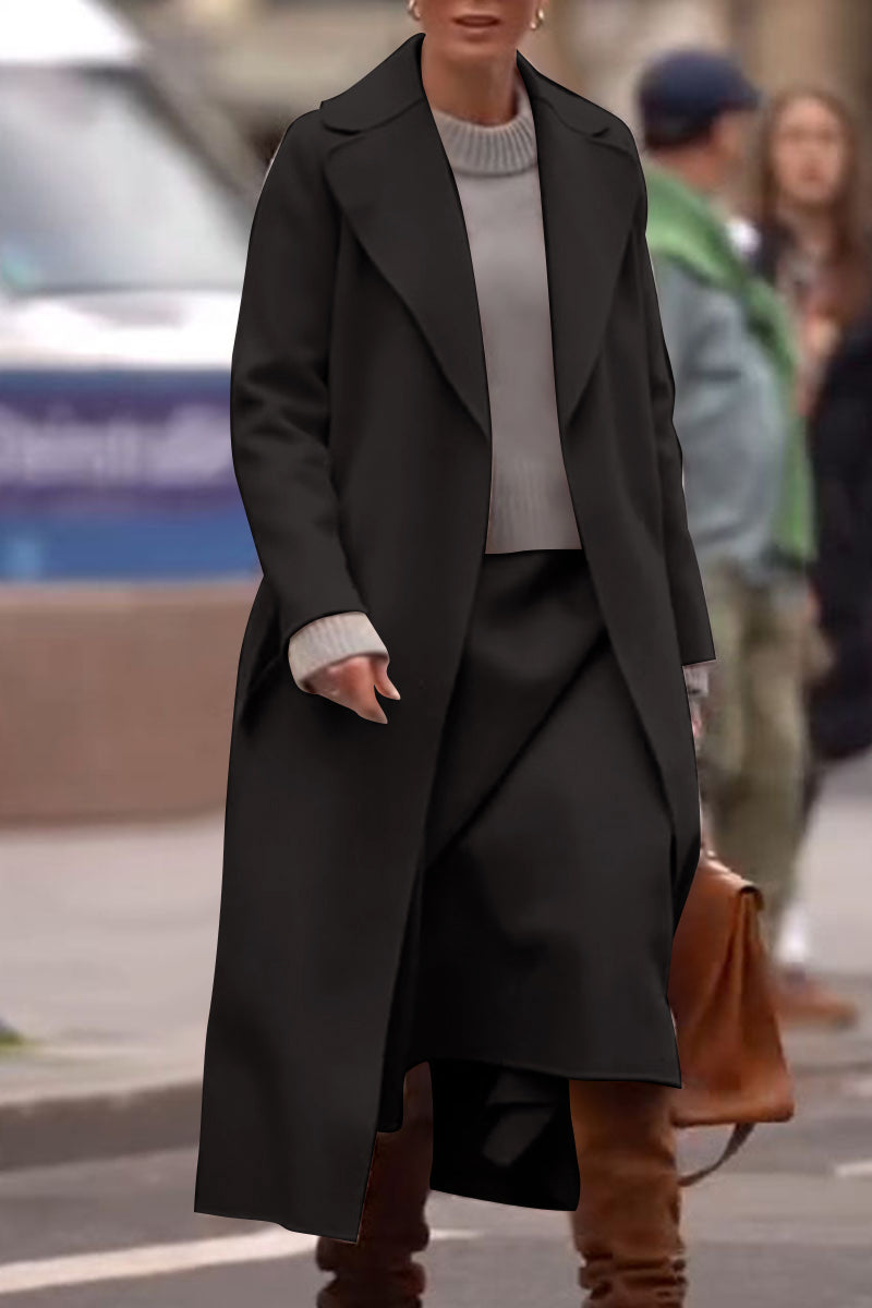 Women's Lapel Long-sleeved Trench Coat and Skirt Two-piece Suit black