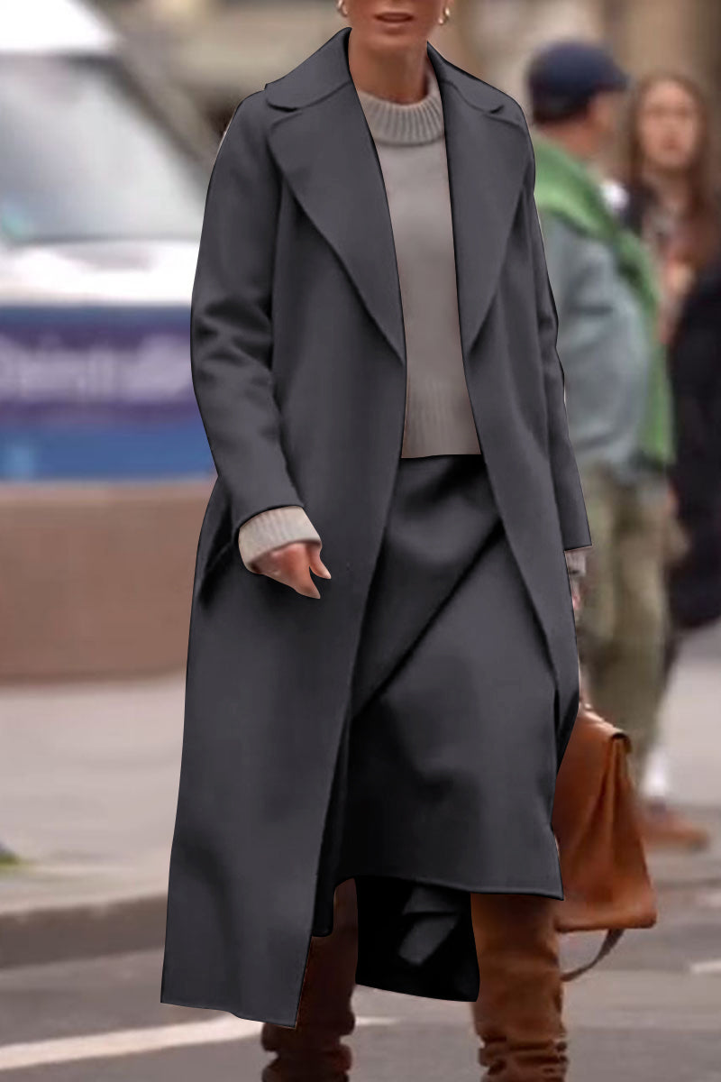 Women's Lapel Long-sleeved Trench Coat and Skirt Two-piece Suit grey