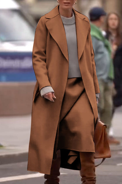 Women's Lapel Long-sleeved Trench Coat and Skirt Two-piece Suit khaki