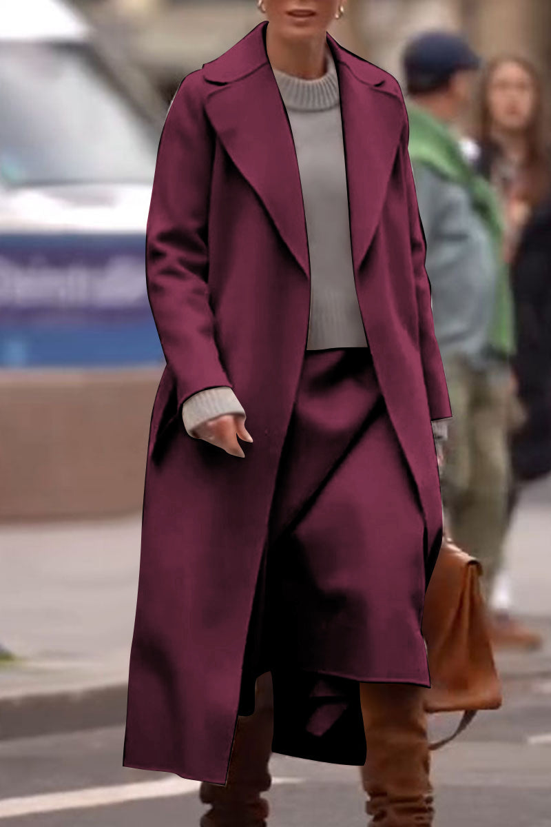 Women's Lapel Long-sleeved Trench Coat and Skirt Two-piece Suit wine-red