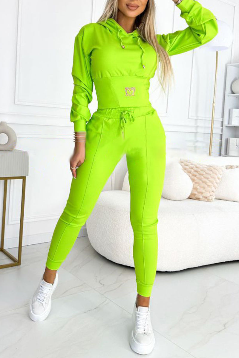 Women's Hooded Waist Sports Casual Suit fluorescent green