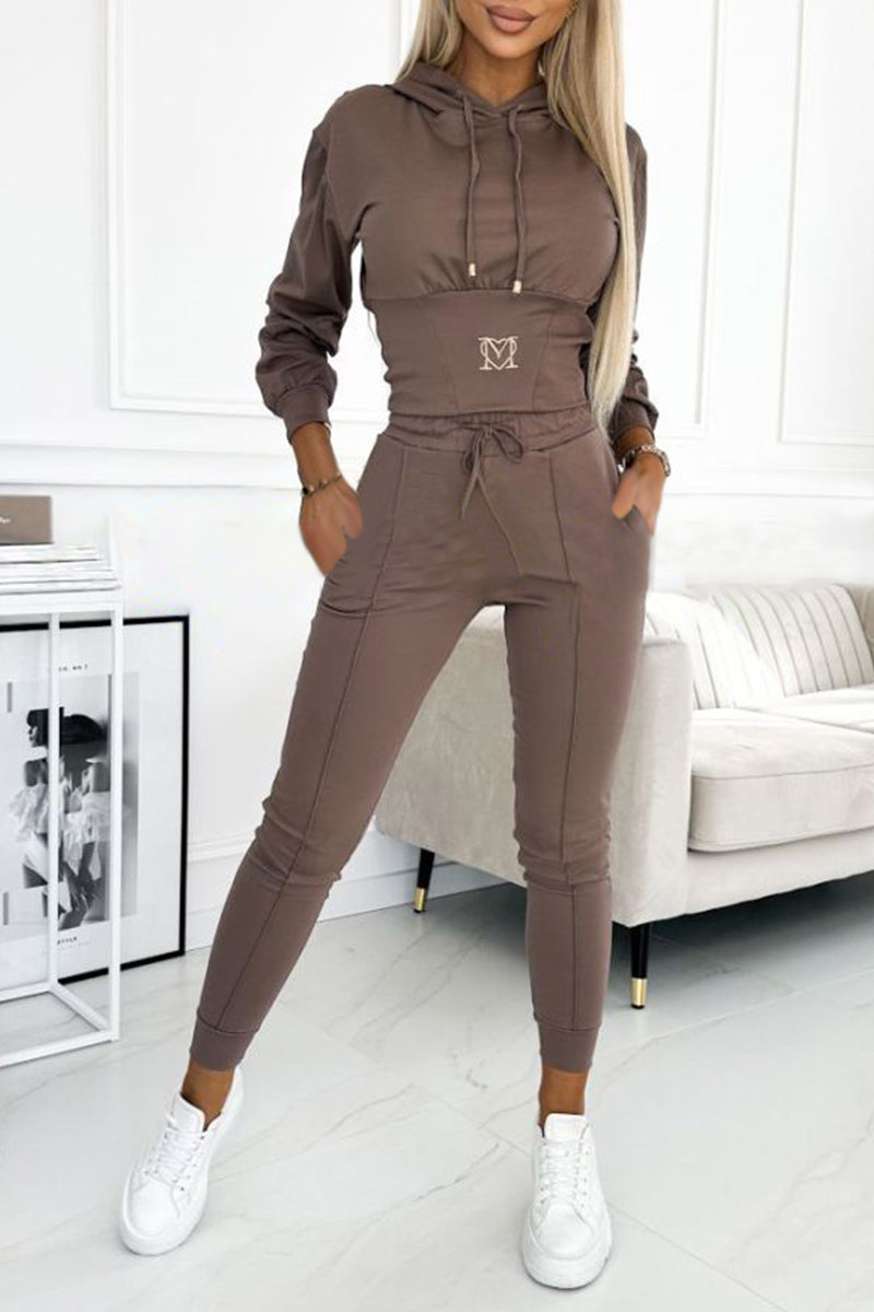 Women's Hooded Waist Sports Casual Suit brown