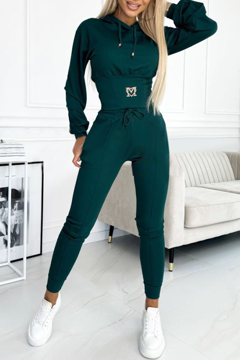 Women's Hooded Waist Sports Casual Suit dark green