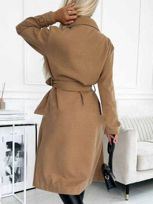 Women's Lapel Long Sleeve Casual Woolen Long Coat