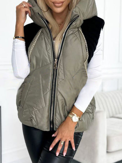 Women's Hooded Knitted Patchwork Sleeveless Casual Cotton Coat army green