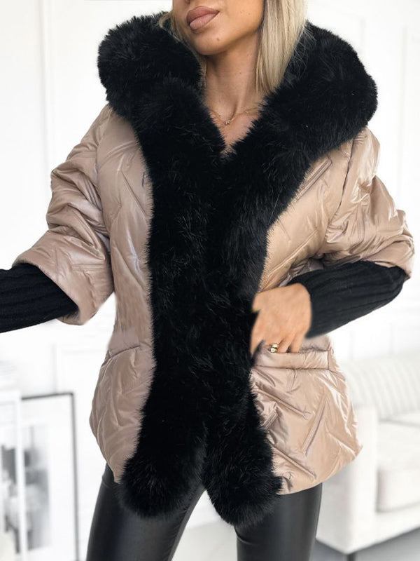 Women's Hooded Fur Patchwork Casual Cotton Coat apricot