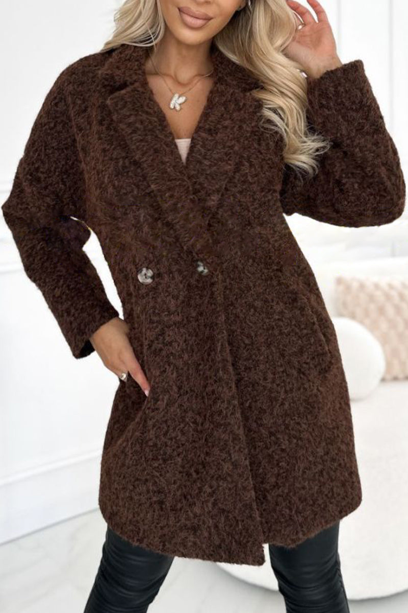 Women's Lapel Long Sleeve Casual Woolen Coat dark brown