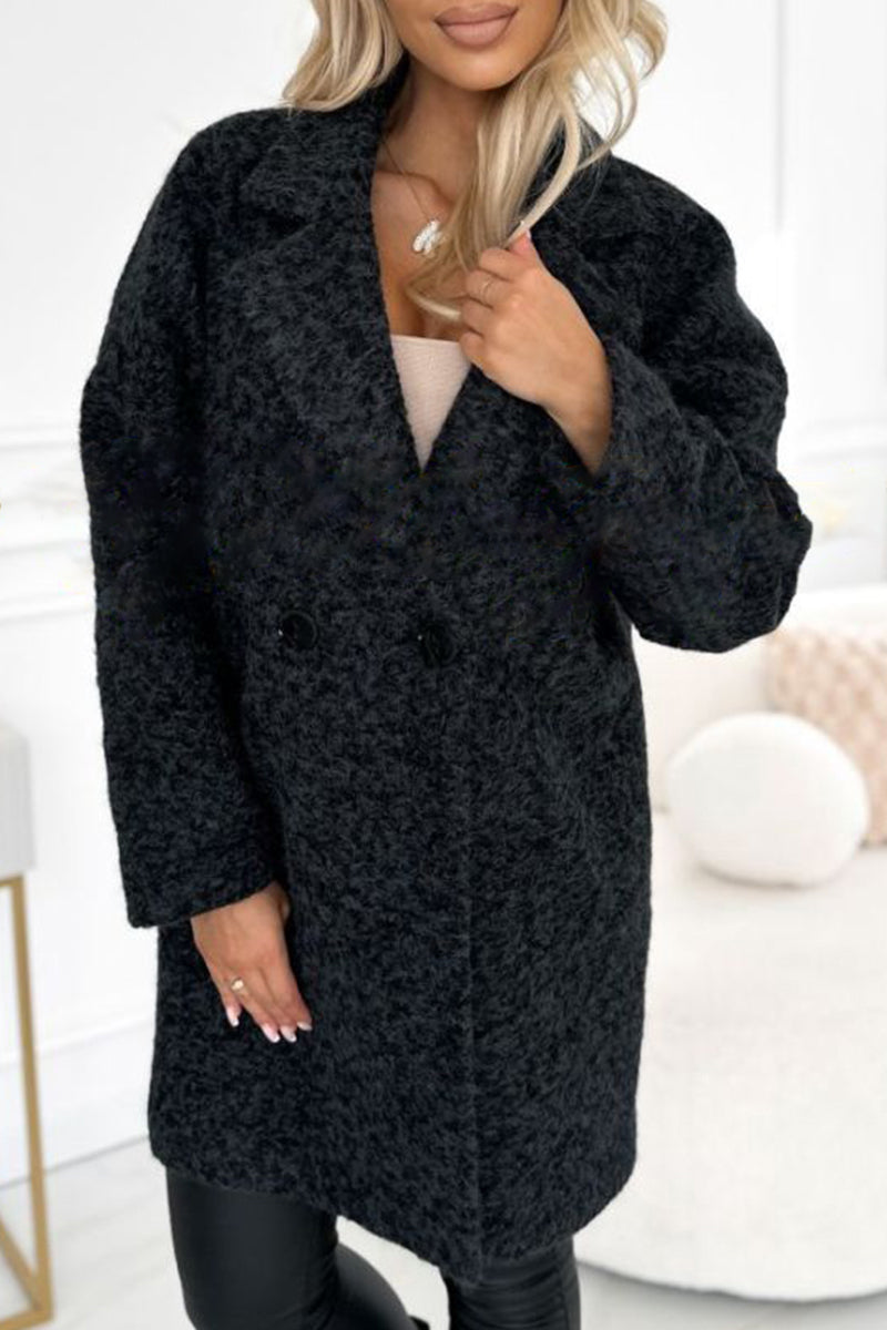 Women's Lapel Long Sleeve Casual Woolen Coat black