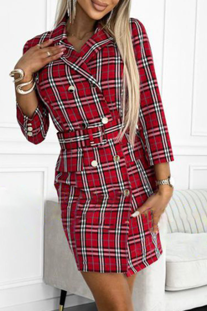 Women's Lapel Long-sleeved Plaid Temperament Tight Dress