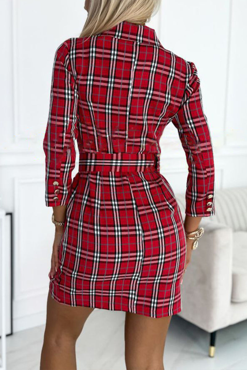 Women's Lapel Long-sleeved Plaid Temperament Tight Dress