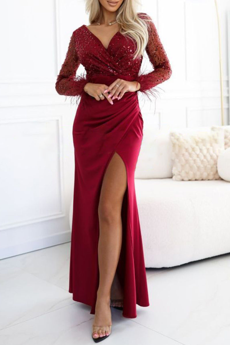 Women's V-neck Sexy Slit Slim Fit Sequined Feather Stitching Maxi Dress red