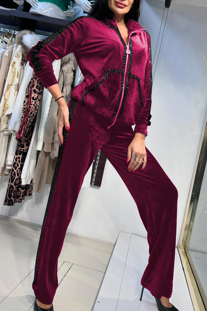 Ladies Casual Hot Diamond Velvet Zipper Suit rose-black