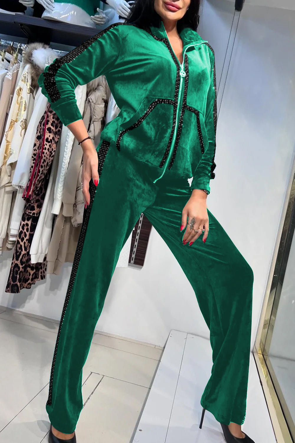 Ladies Casual Hot Diamond Velvet Zipper Suit green-black