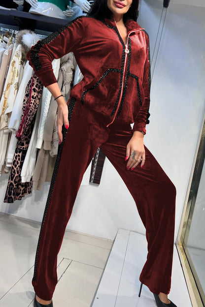 Ladies Casual Hot Diamond Velvet Zipper Suit burgundy-black