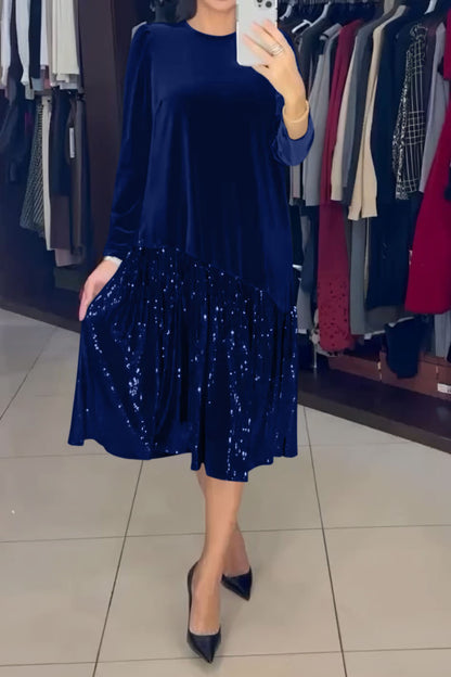 Women's Velvet Hem Sequin Fabric Patchwork Dress blue