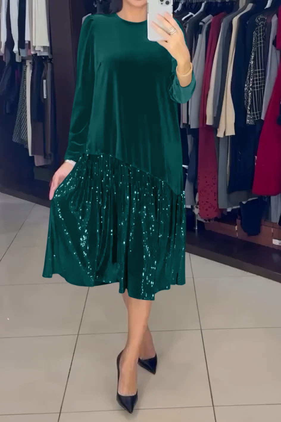 Women's Velvet Hem Sequin Fabric Patchwork Dress green