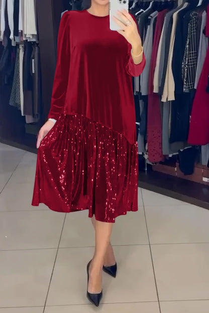 Women's Velvet Hem Sequin Fabric Patchwork Dress red