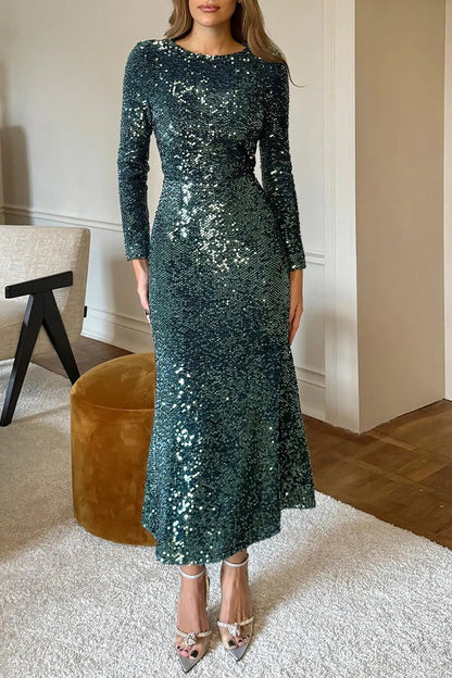 Women's Round Neck Sequined Dress green