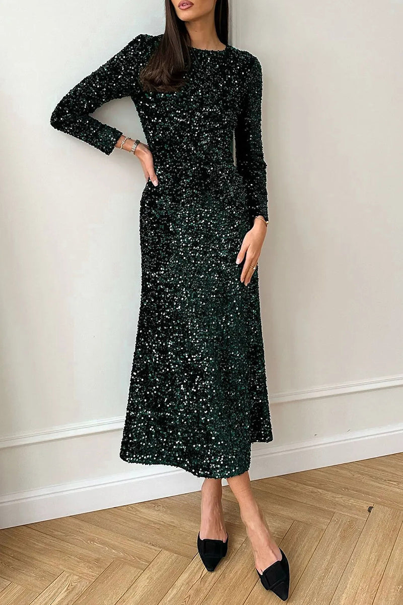 Women's Round Neck Sequined Dress dark-green