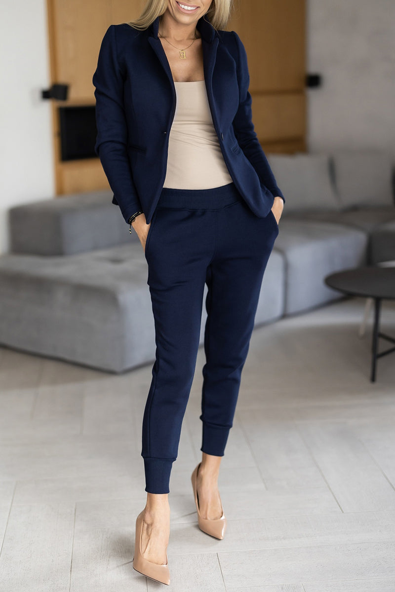 Women's Solid Color Top and Trousers Two-piece Set dark-blue