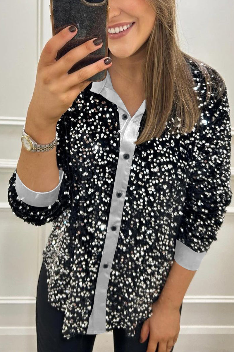 Women's Lapel Single Row Sparkly Party Shirt silver