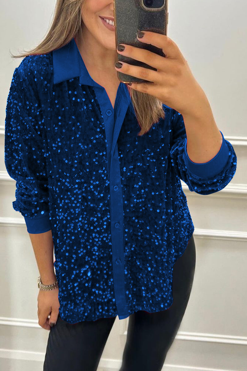 Women's Lapel Single Row Sparkly Party Shirt dark blue