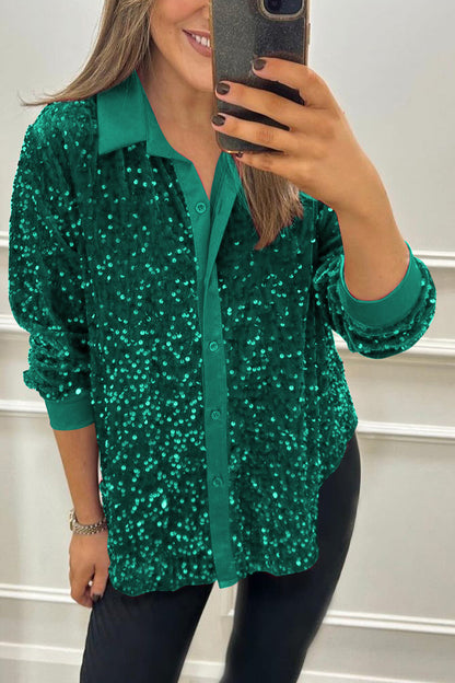 Women's Lapel Single Row Sparkly Party Shirt green