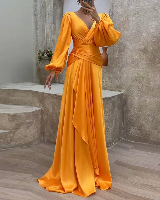 V-neck long-sleeved waist solid color dress