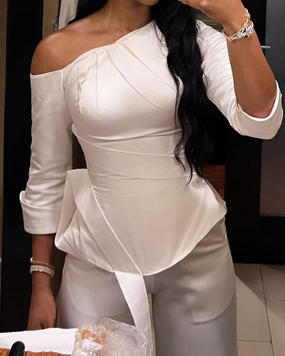 Oblique shoulder waist solid color two piece set