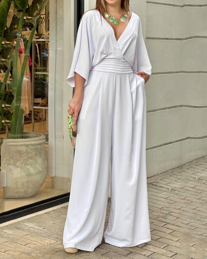 Casual Solid Color V-Neck Jumpsuit