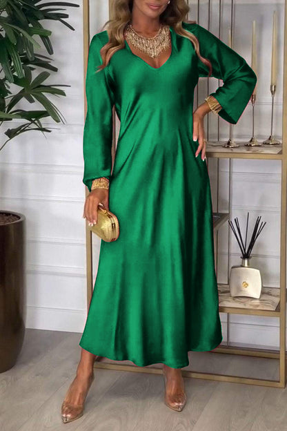 Women's V-neck Long-sleeved Satin Dress green