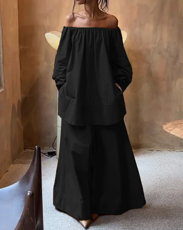 One-shoulder solid color loose two-piece suit