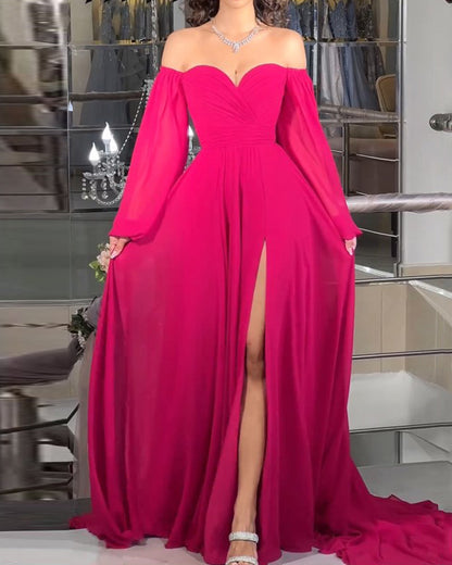 Off-shoulder long-sleeved waisted solid color dress