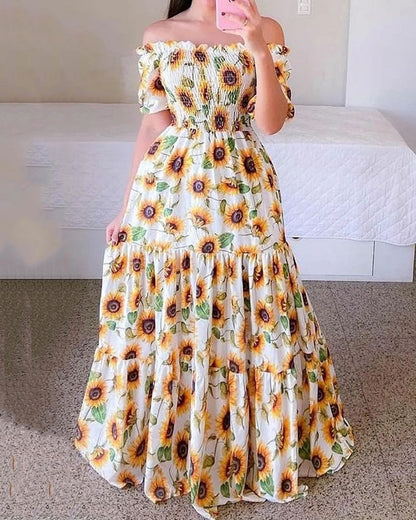 Robe asymétrique à imprimé floral et épaules dénudées 