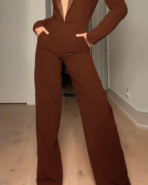 Long-sleeved V-neck waist jumpsuit