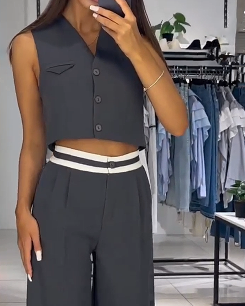 Vest Top Color Block Pants Two Piece Suit