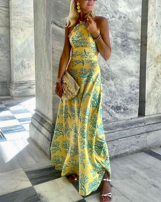 Sexy halterneck open-back printed midi dress